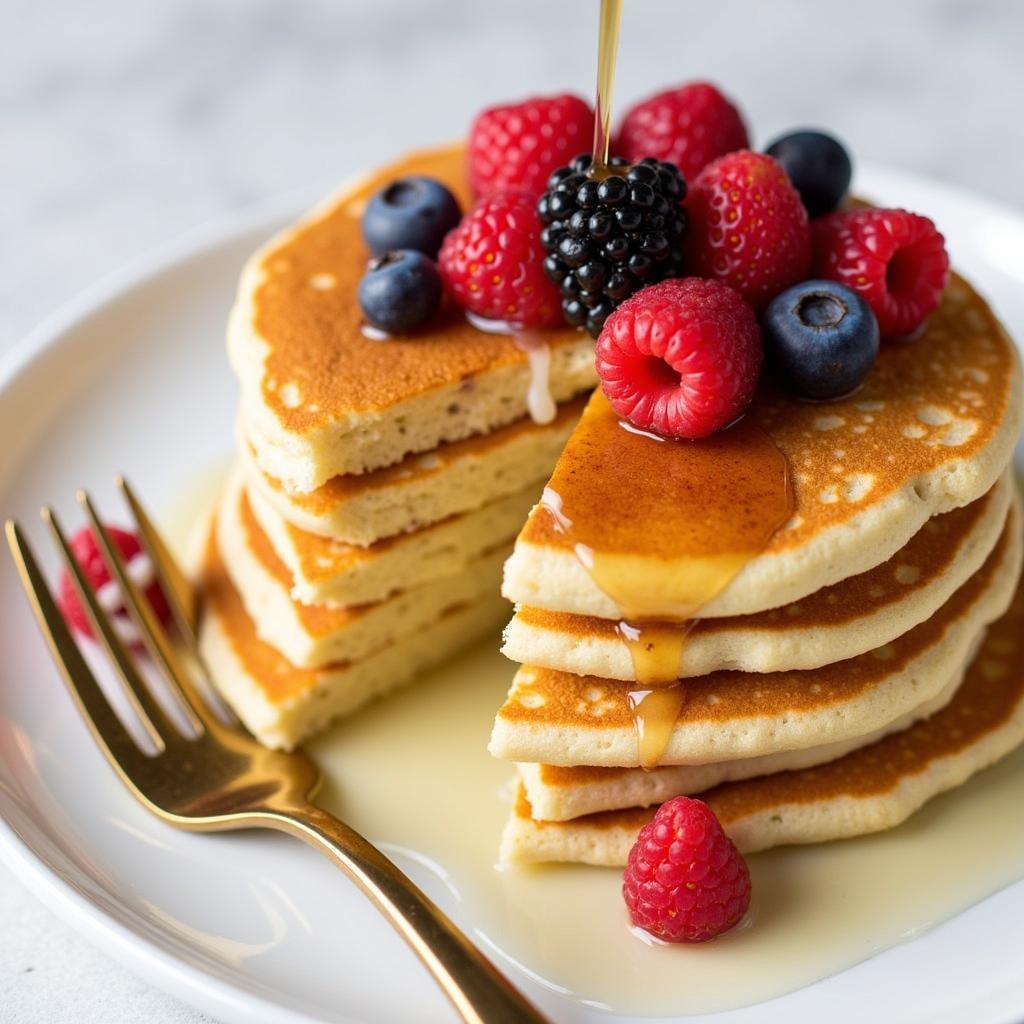 Stack of golden brown dairy-free frozen pancakes with fresh berries and syrup.