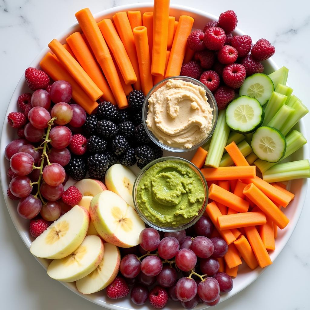 Colorful platter of dairy-free fruits and vegetables for kids