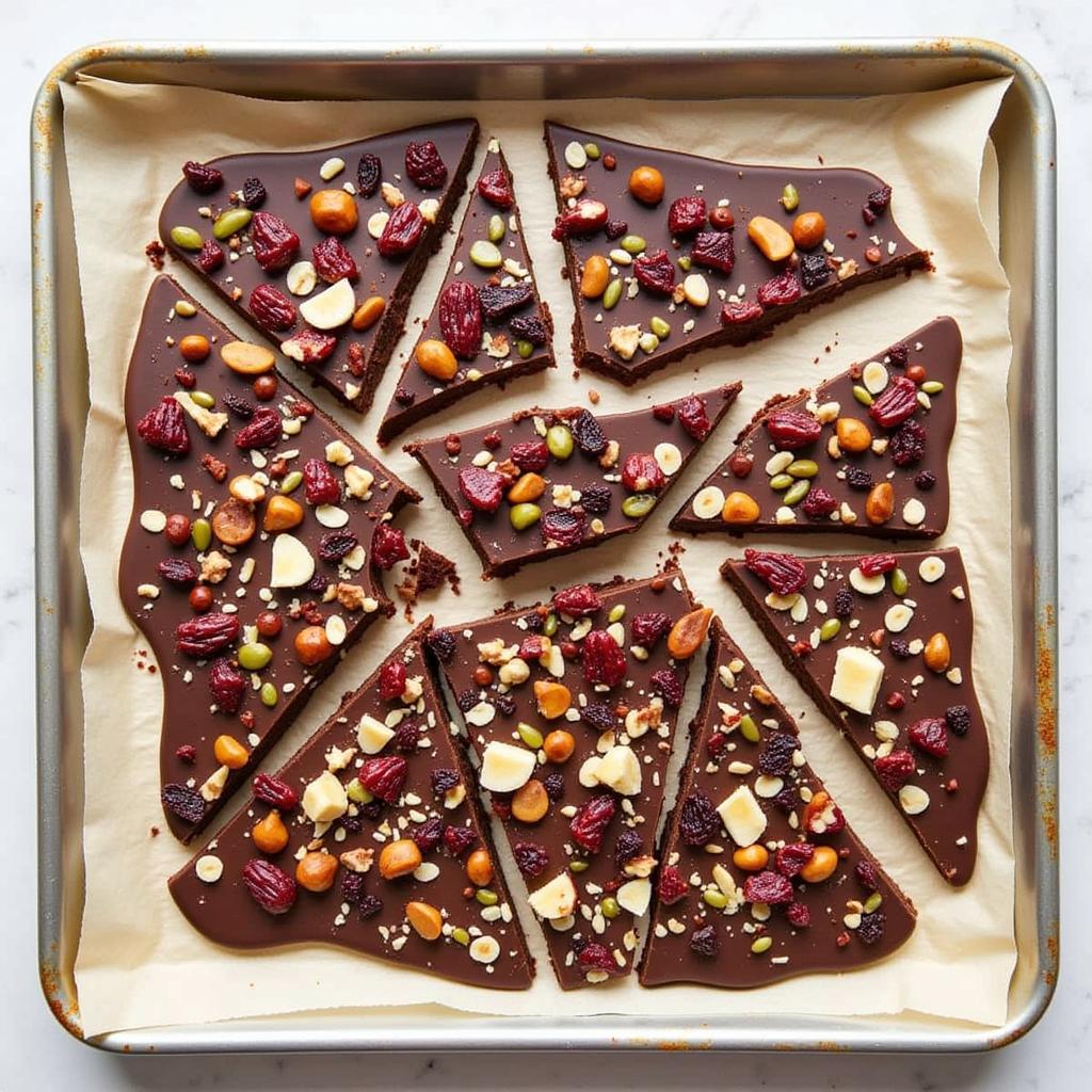 Homemade dairy-free and gluten-free chocolate bark on a parchment-lined baking sheet.