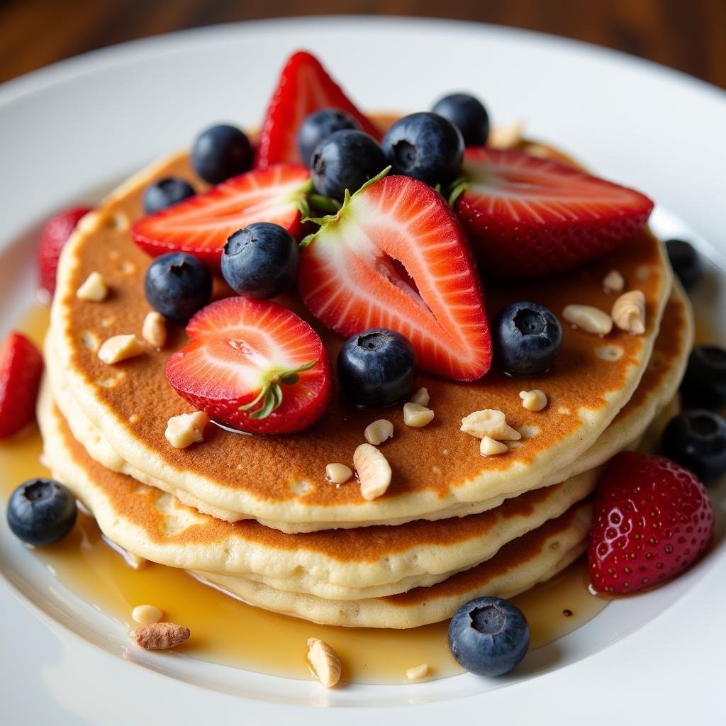 A plate of dairy-free pancakes topped with fresh fruit, nuts, and a drizzle of syrup.