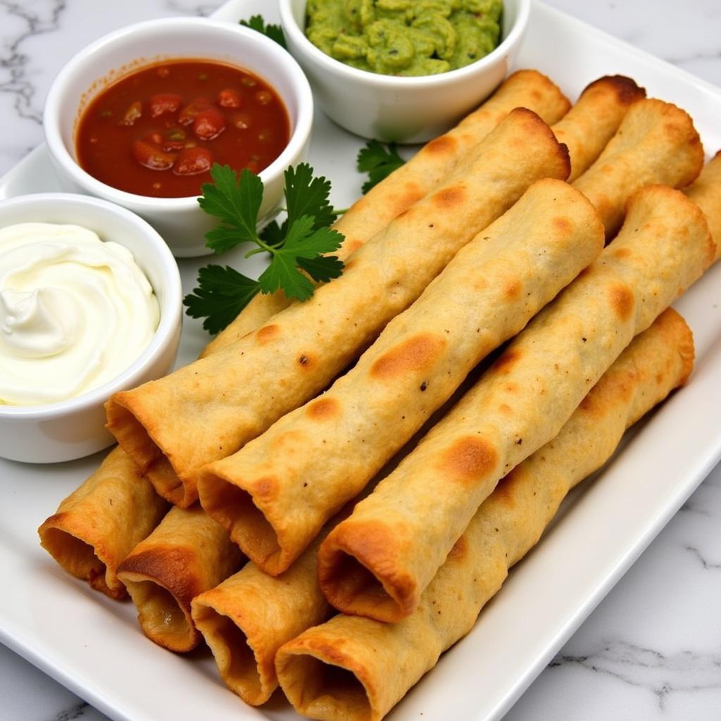 Serving Dairy-Free Taquitos with Various Dips