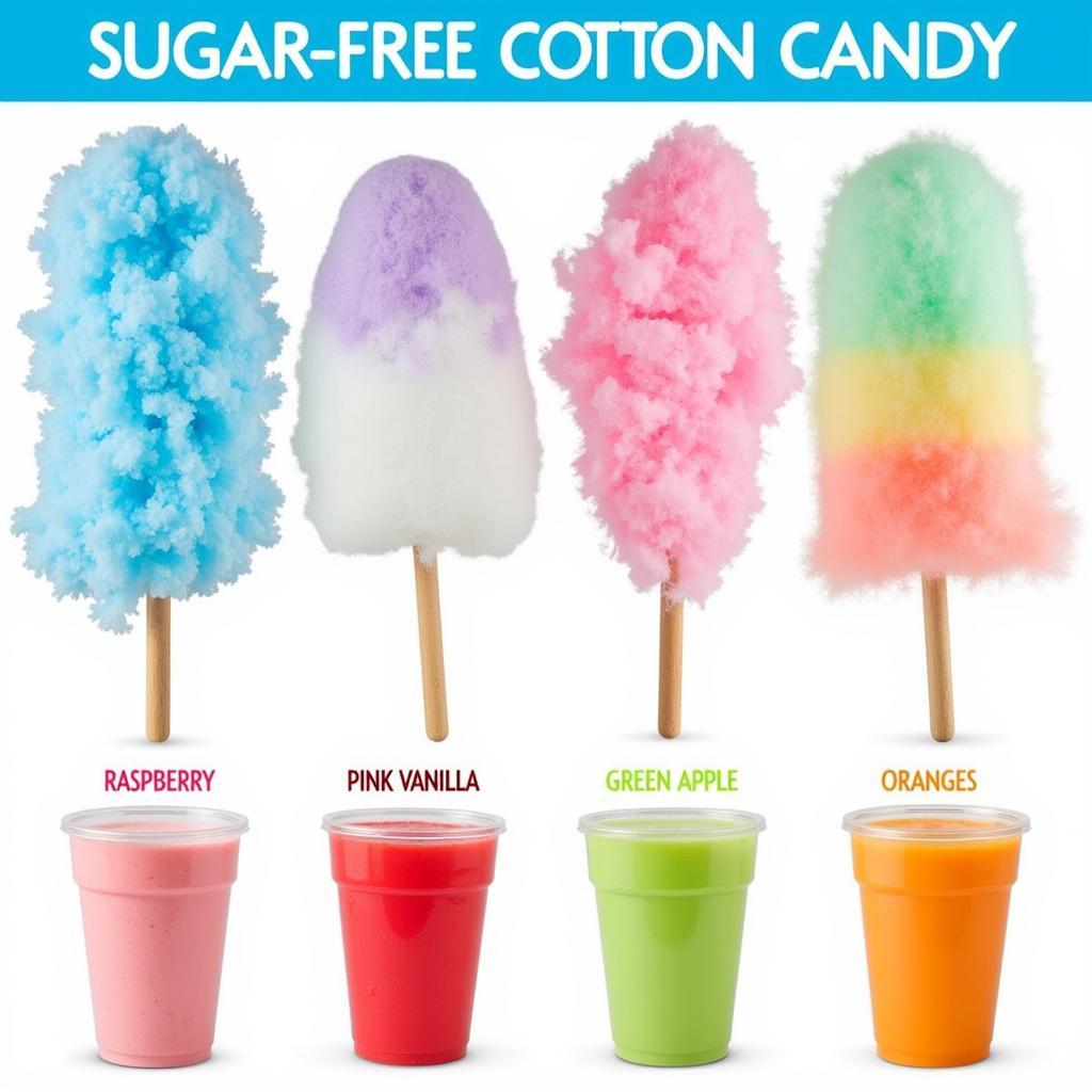 A variety of sugar-free cotton candy flavors displayed on a table.