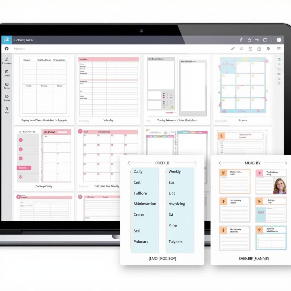 Various free undated digital planner templates on a laptop screen