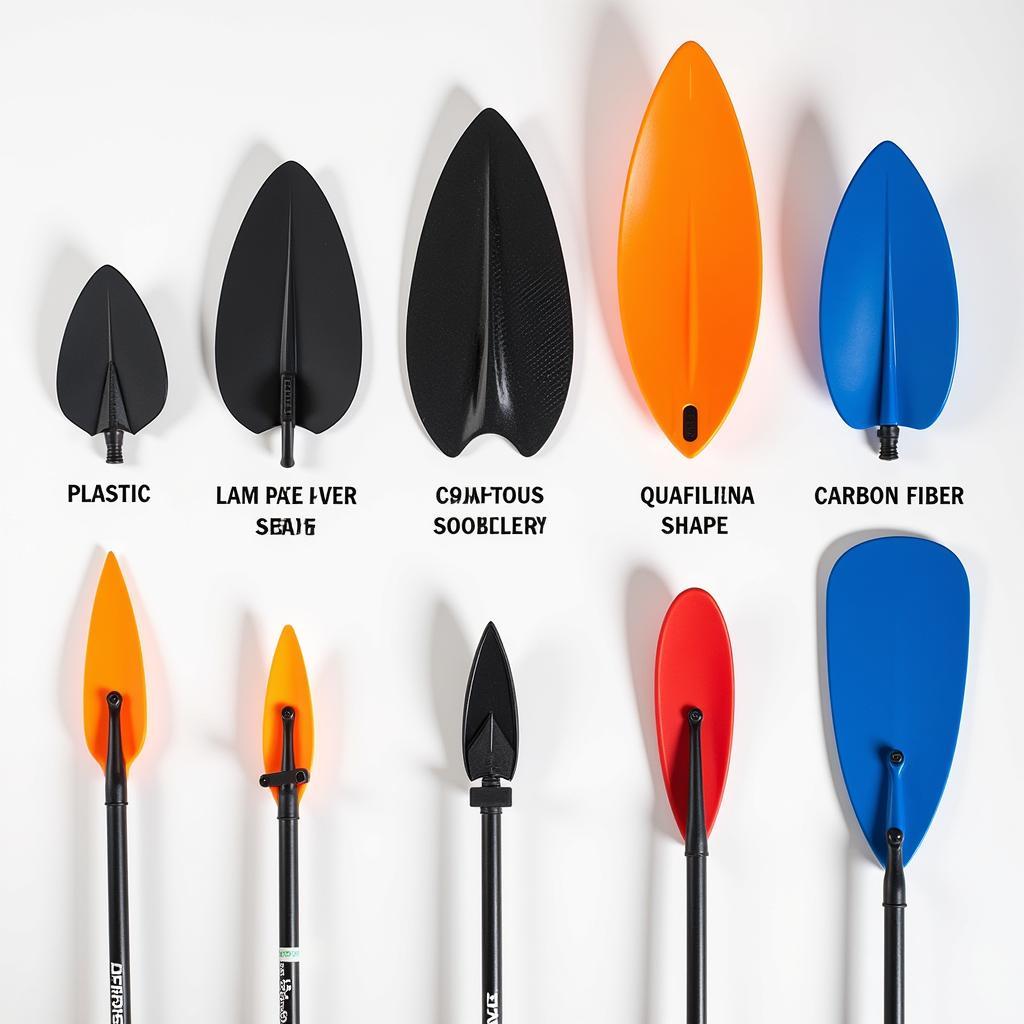 Various kayak paddle blades showcasing different shapes and materials