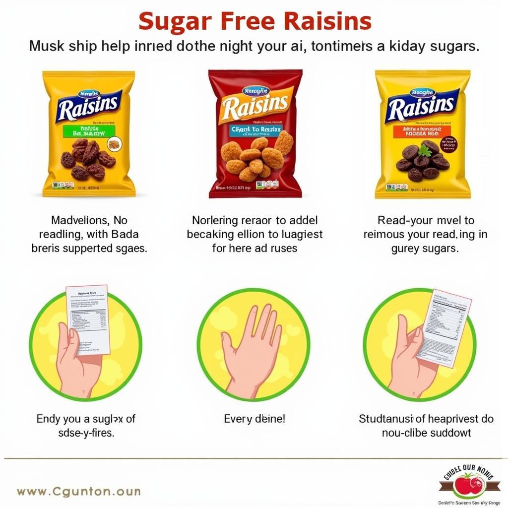 Various packaging options for sugar free raisins, emphasizing the importance of checking labels