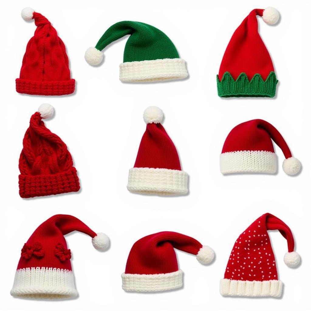 Various knitting patterns for Santa hats, showcasing different styles