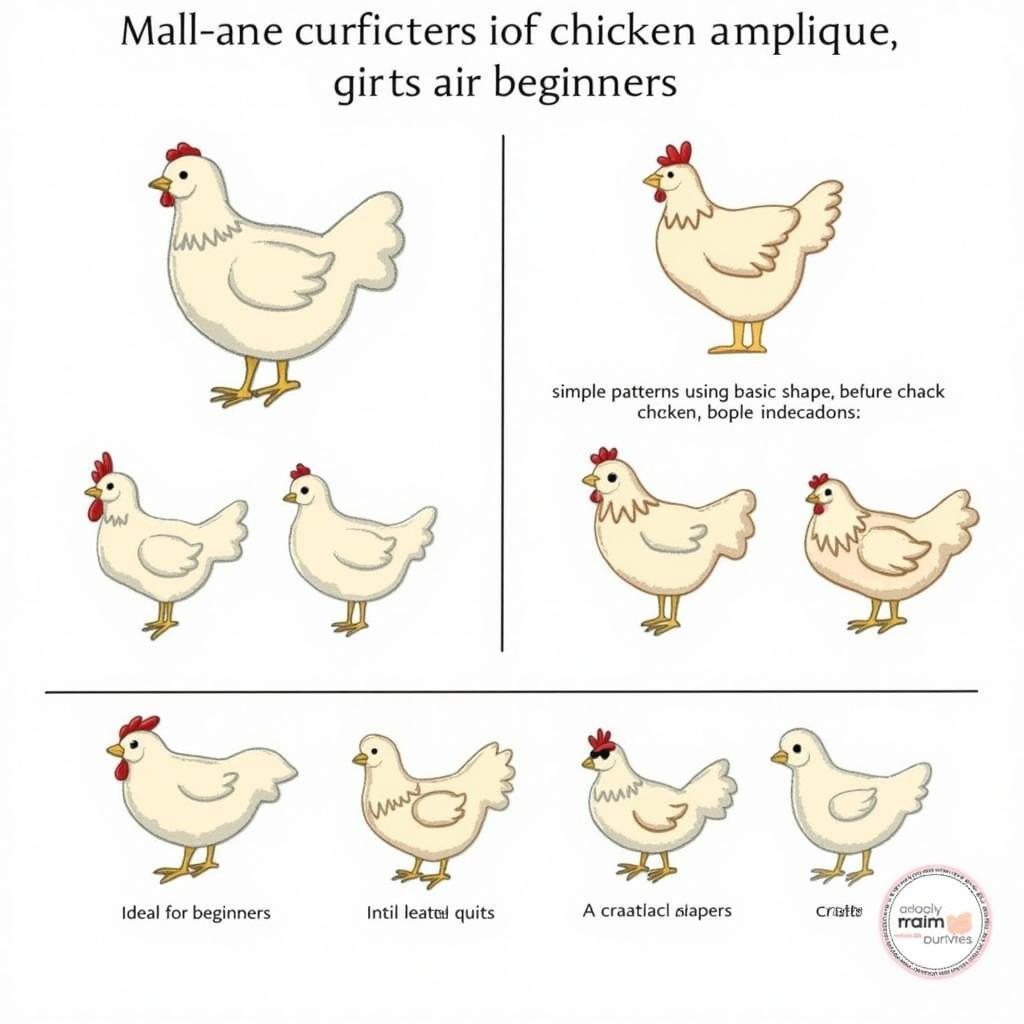 Various styles of chicken applique patterns ranging from simple to complex designs.