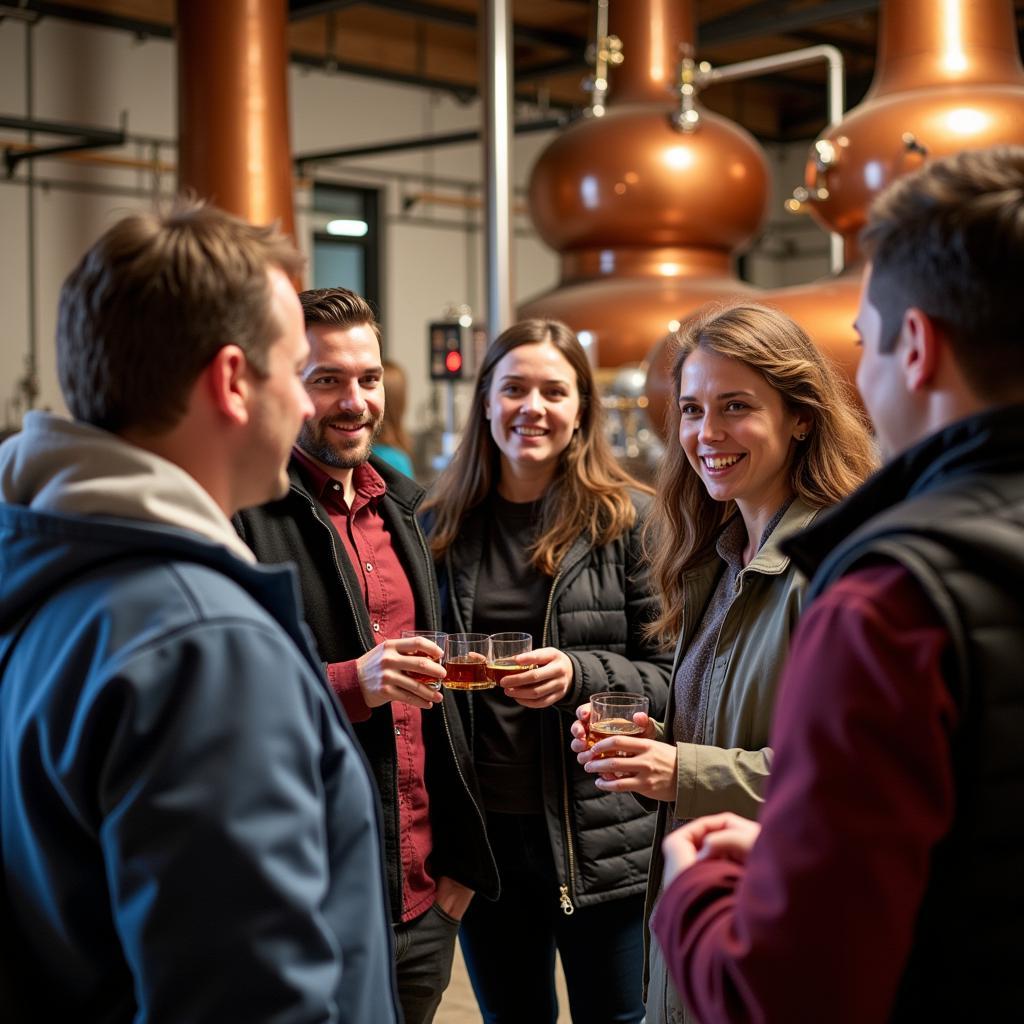 People enjoying free booze samples during a distillery tour