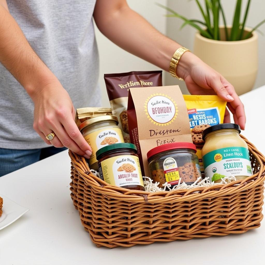 A person assembling a DIY gluten-free hamper with various items.