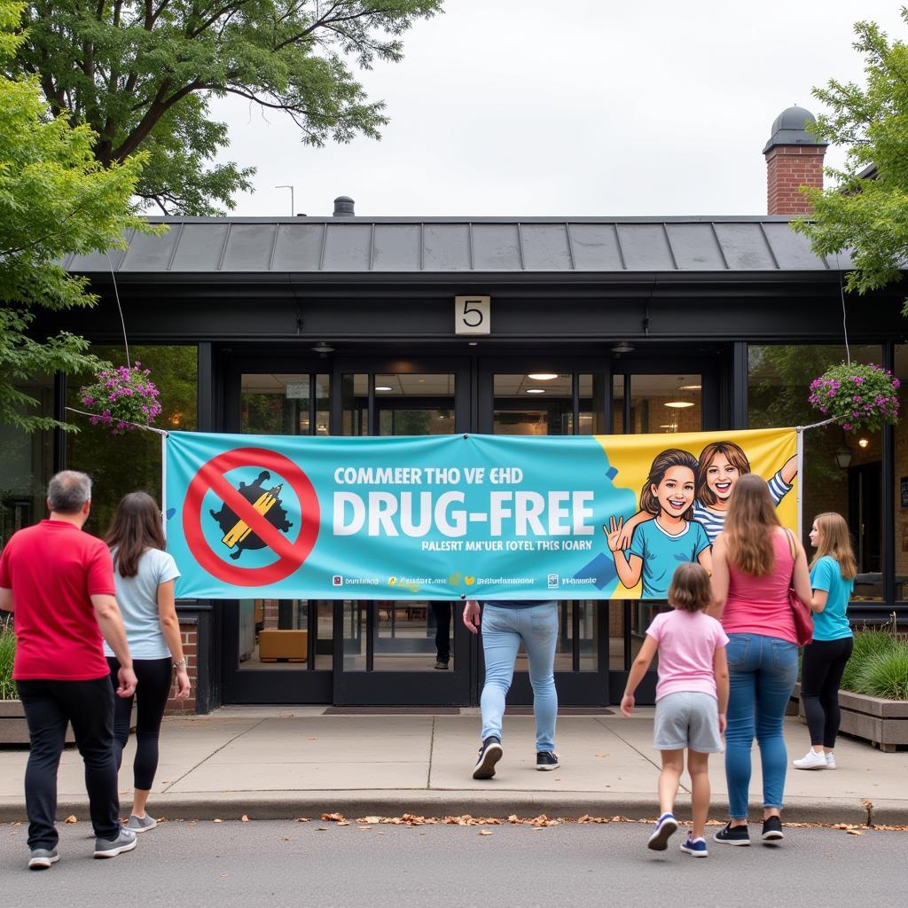 A drug-free banner displayed prominently at a community center, encouraging community involvement and healthy living.