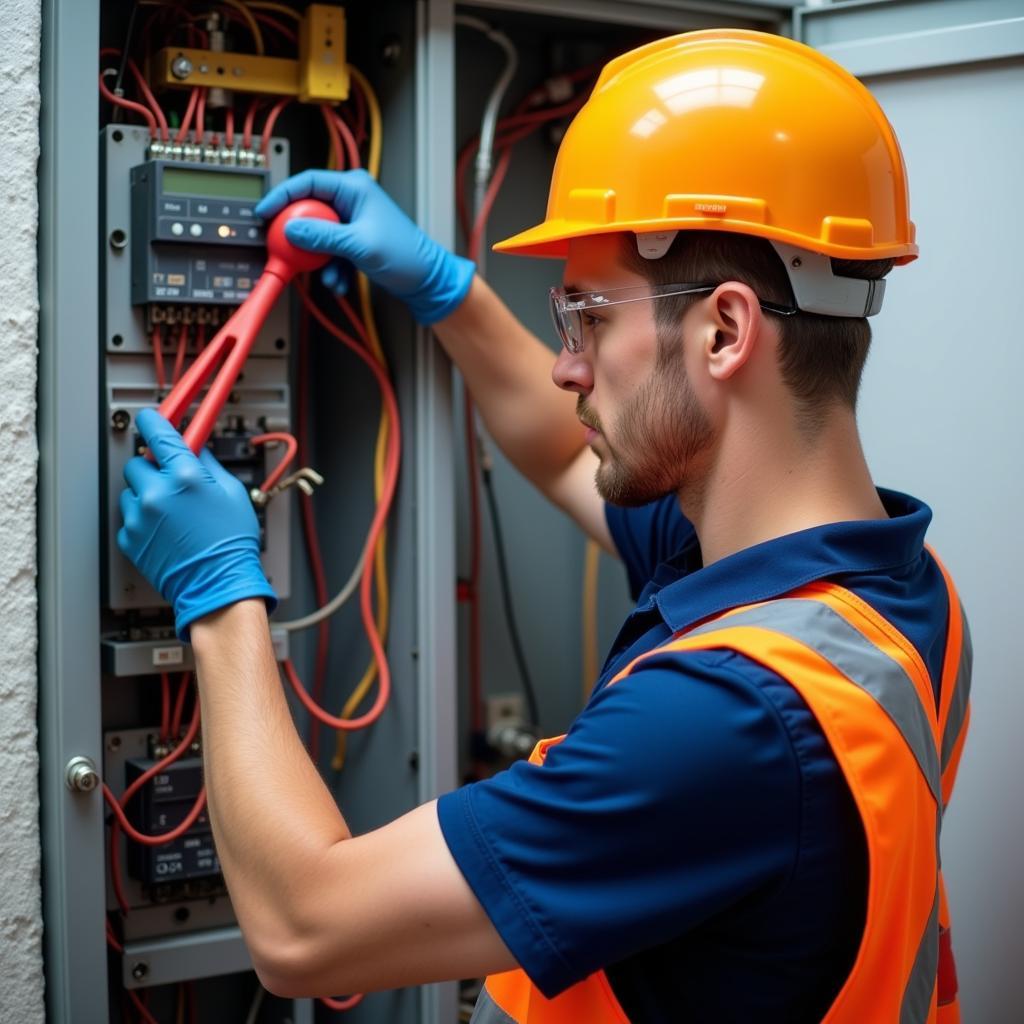 Electrician Inspecting Electrical Panel for Safety and Compliance