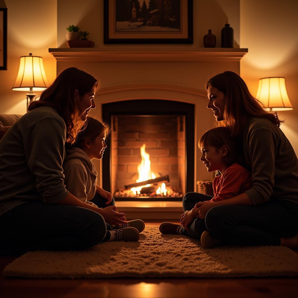 Family Enjoying a Free Standing Gas Fireplace