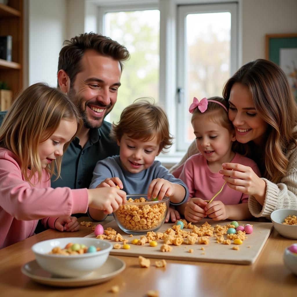 Family Making Easter Snack Mix