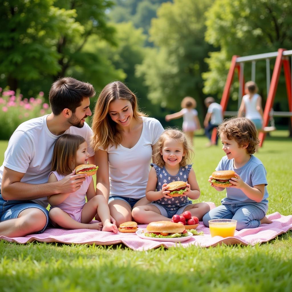 Family enjoying a picnic lunch at a free play park