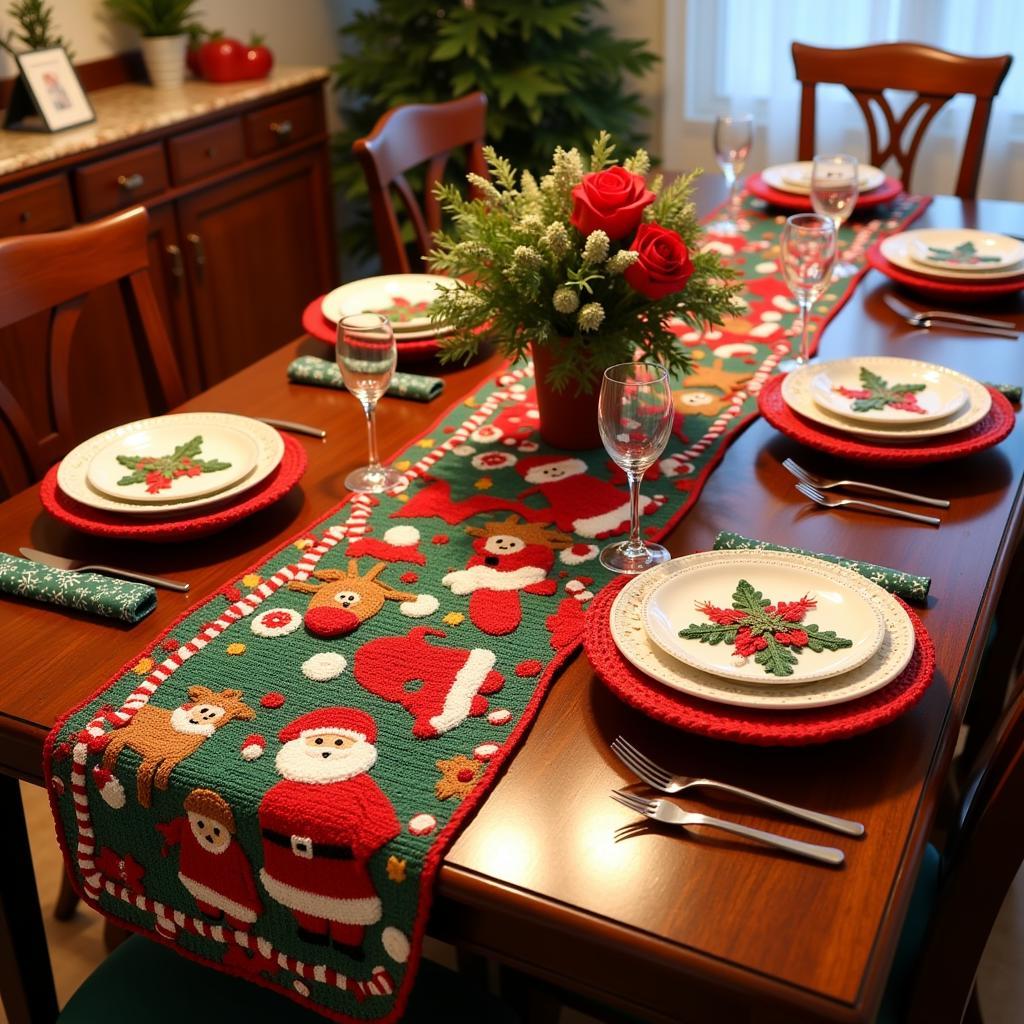 Crocheted Christmas Table Runner with Festive Holiday Theme