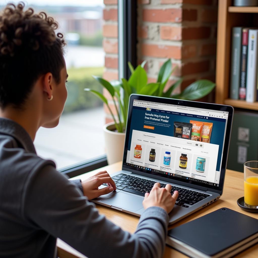 A person searching for protein powder samples on their laptop