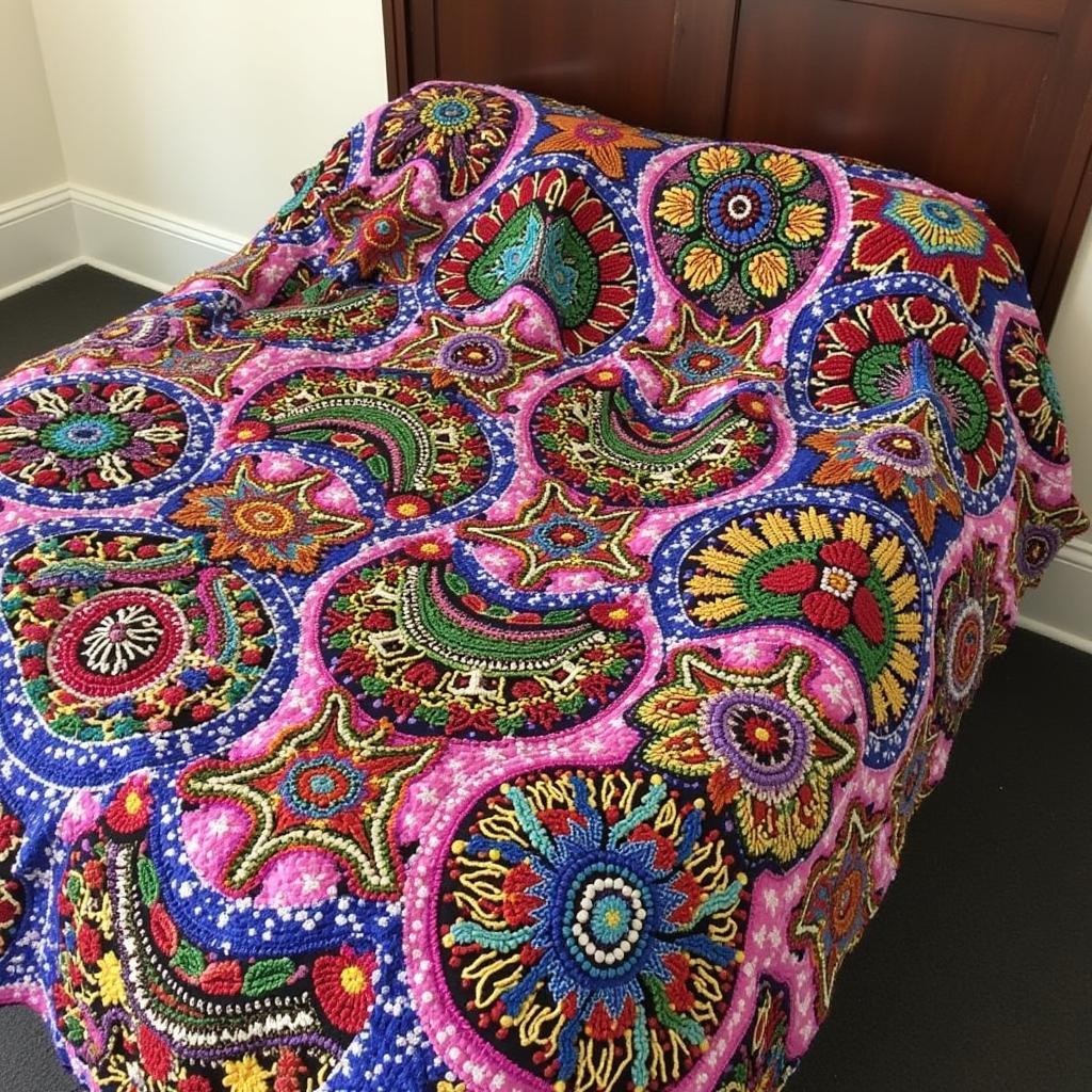 Completed Beaded Quilt Displayed on a Bed