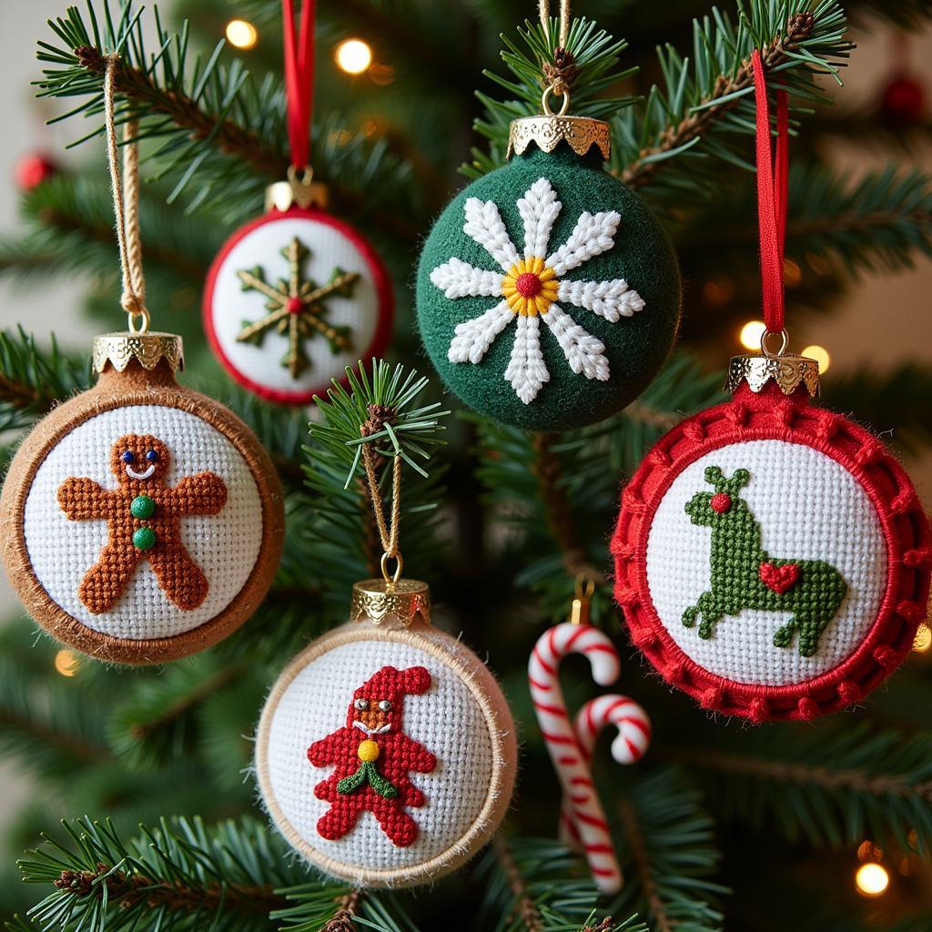 Handmade Christmas Ornaments Created with Free Cross Stitch Patterns