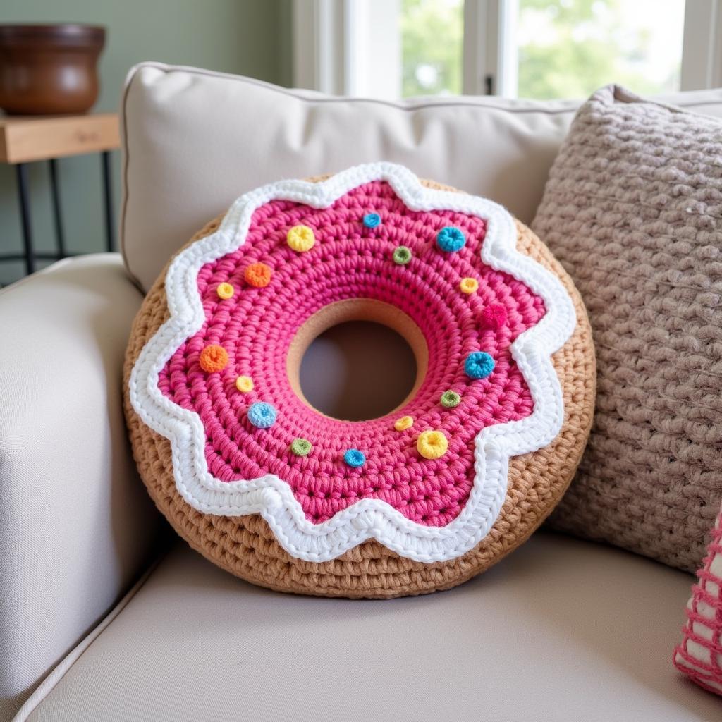 Finished Crochet Donut Pillow on a Sofa