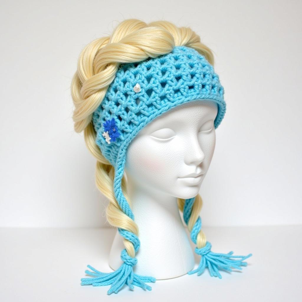 A completed crochet Elsa hat, ready to be worn