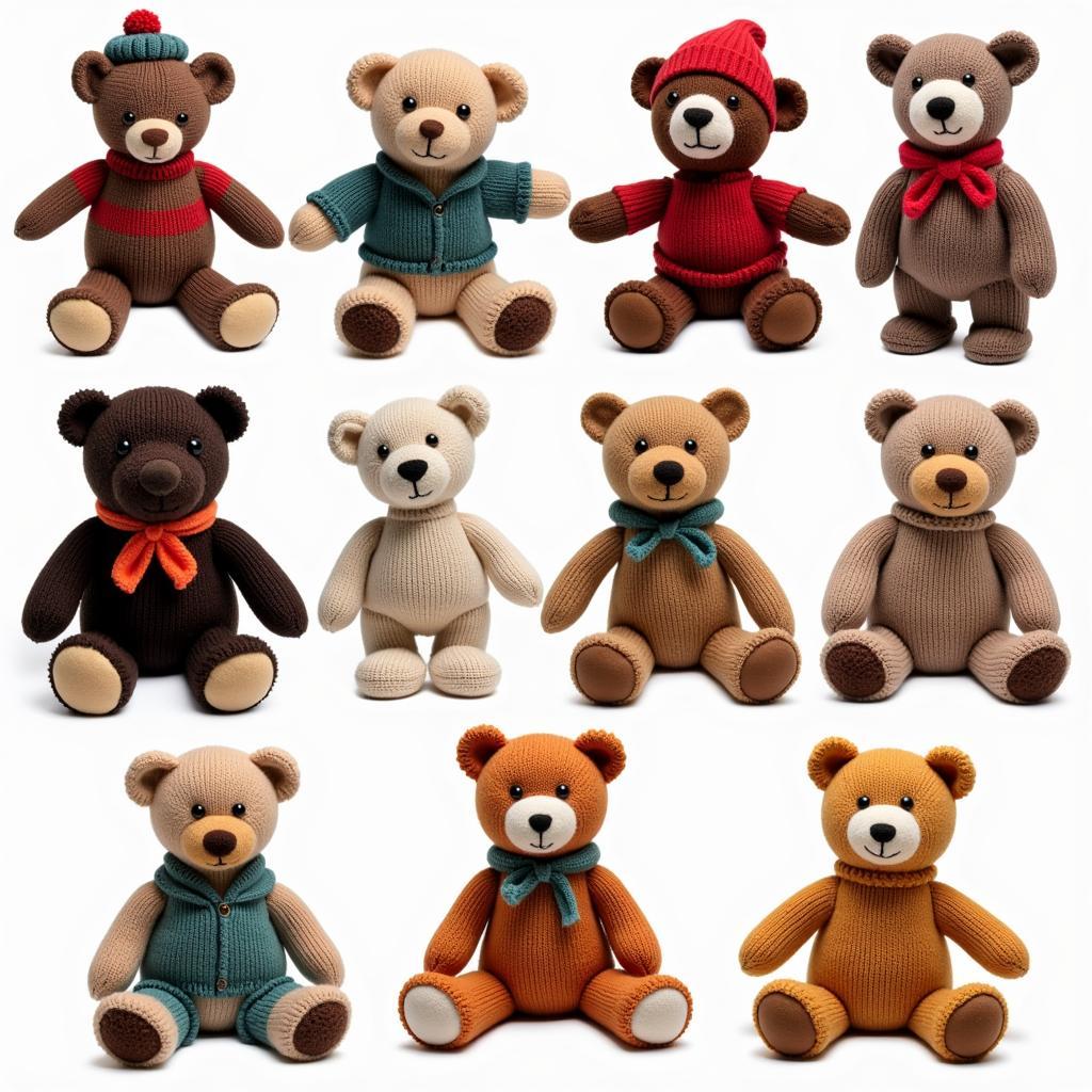 Finished knitted teddy bears in various styles and outfits