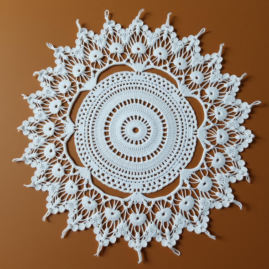 A completed doily made with size 10 crochet thread