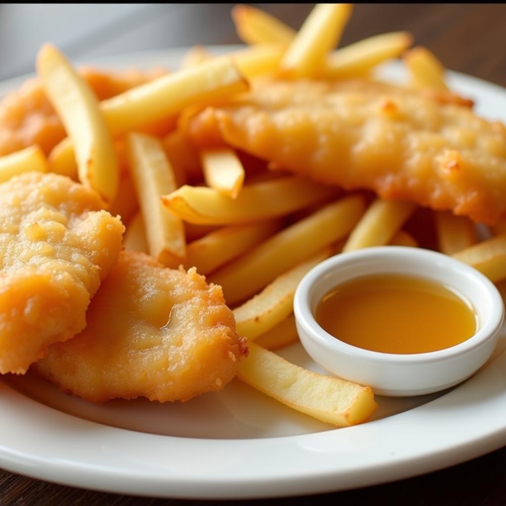 Plate of Fish and Chips with a Small Dish of Malt Vinegar