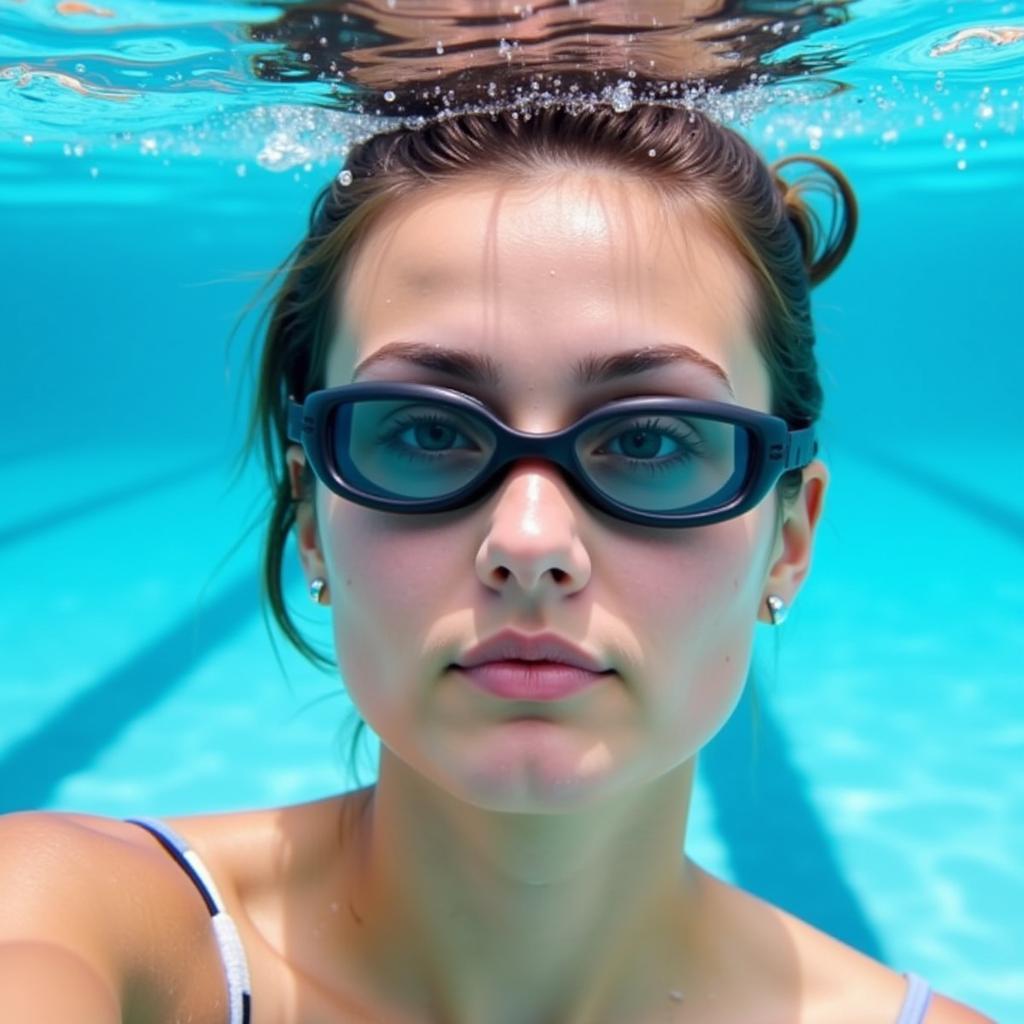 Swimmer wearing fog-free goggles underwater