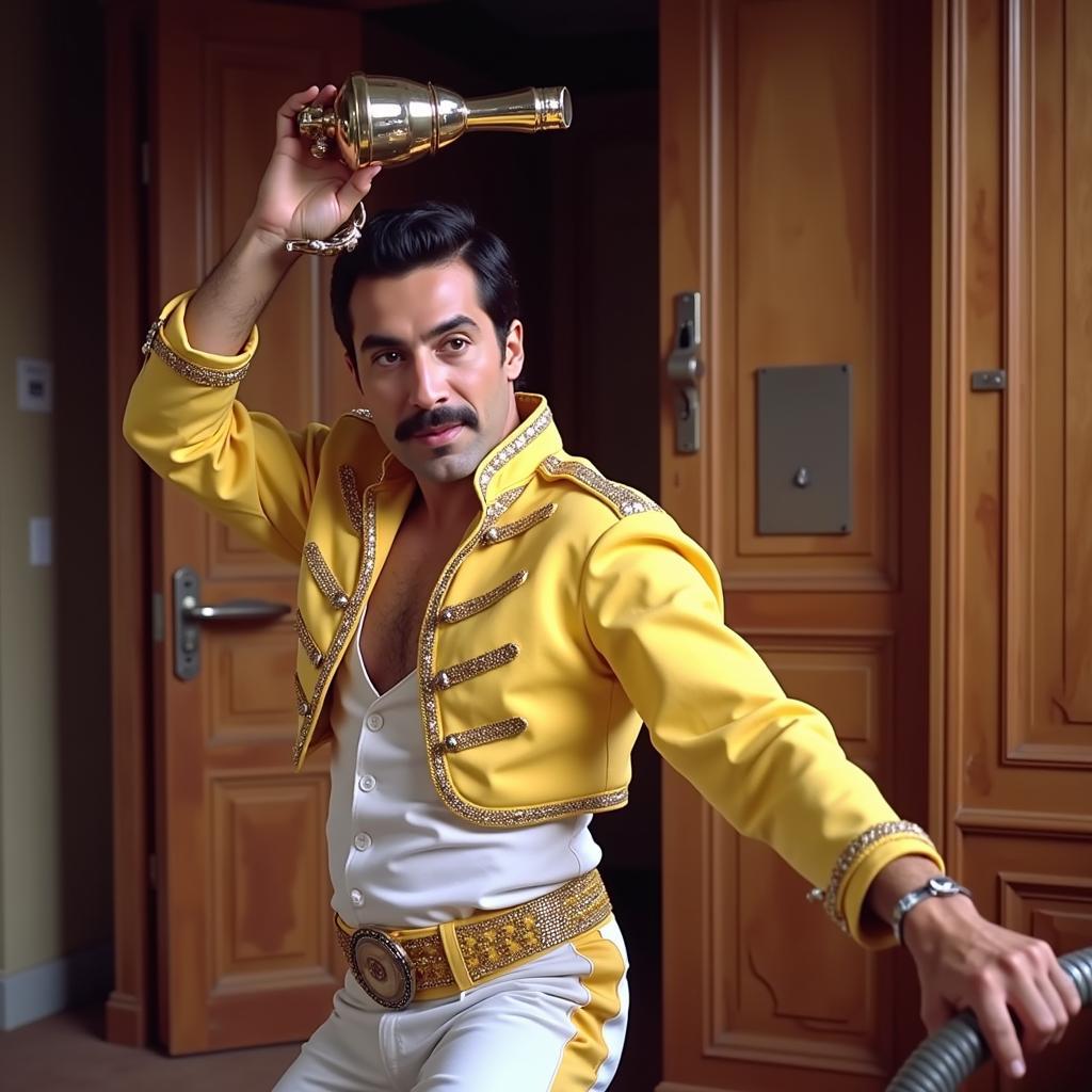 Someone striking a Freddie Mercury pose with a vacuum cleaner.