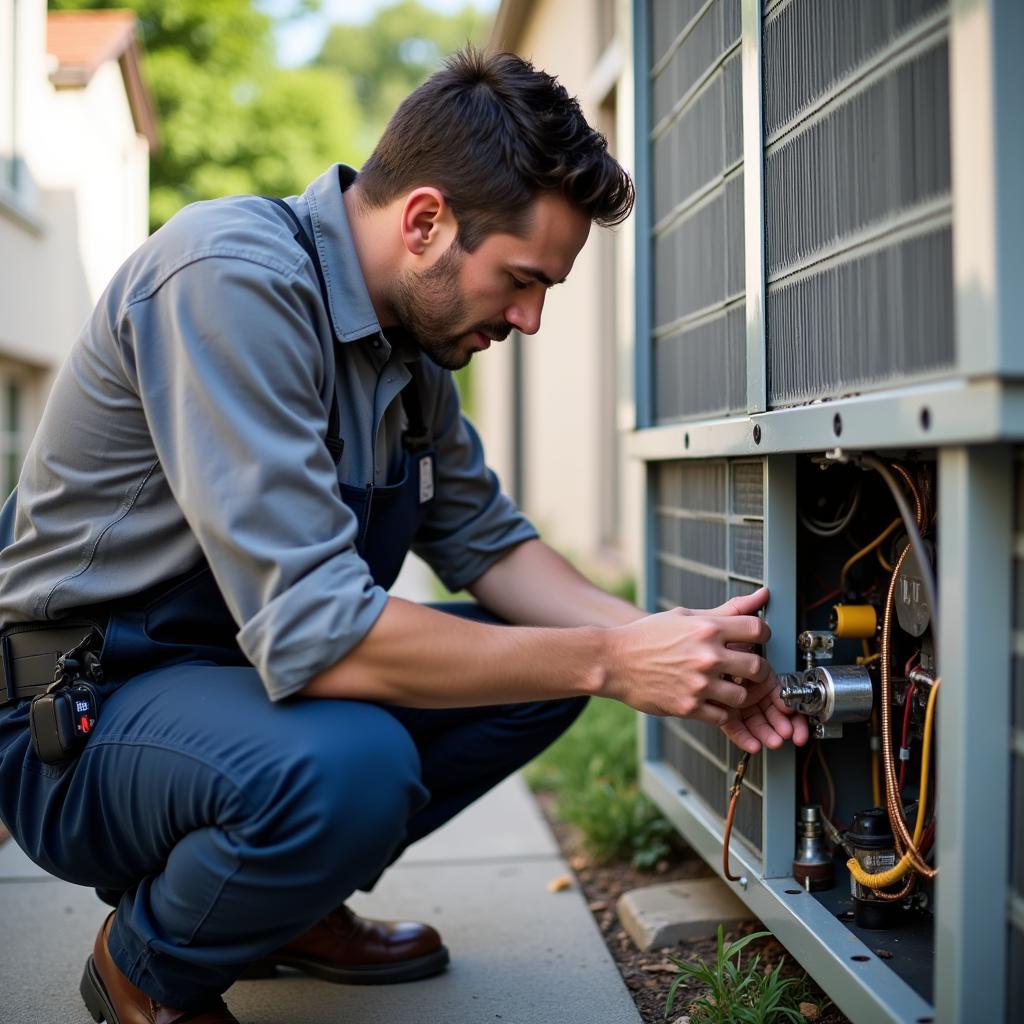 Technician Inspecting AC Unit During a Free Service Call