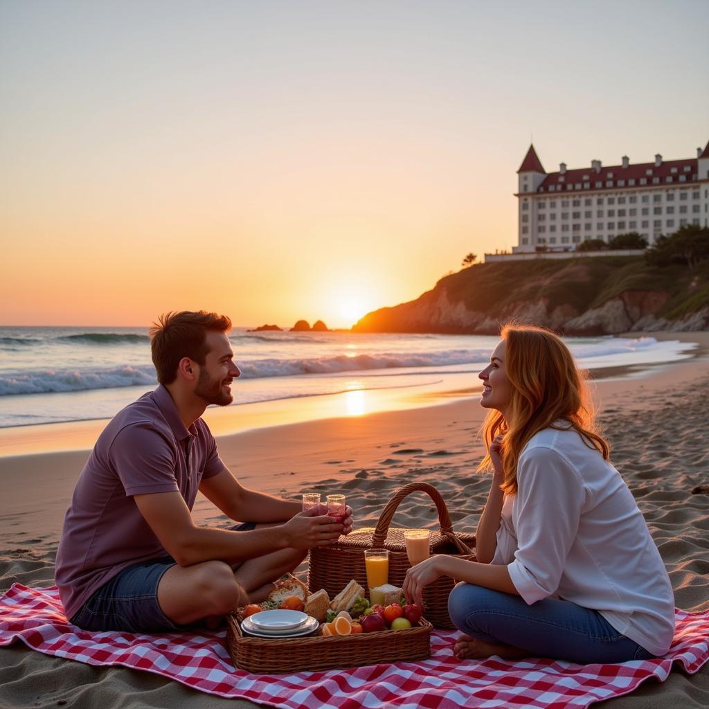 Couple enjoying a free picnic at Coronado Beach with Hotel del Coronado in the background