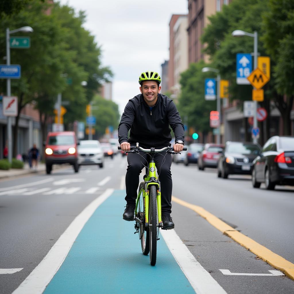 A vibrant image of someone cycling a free bike through a bustling city street.