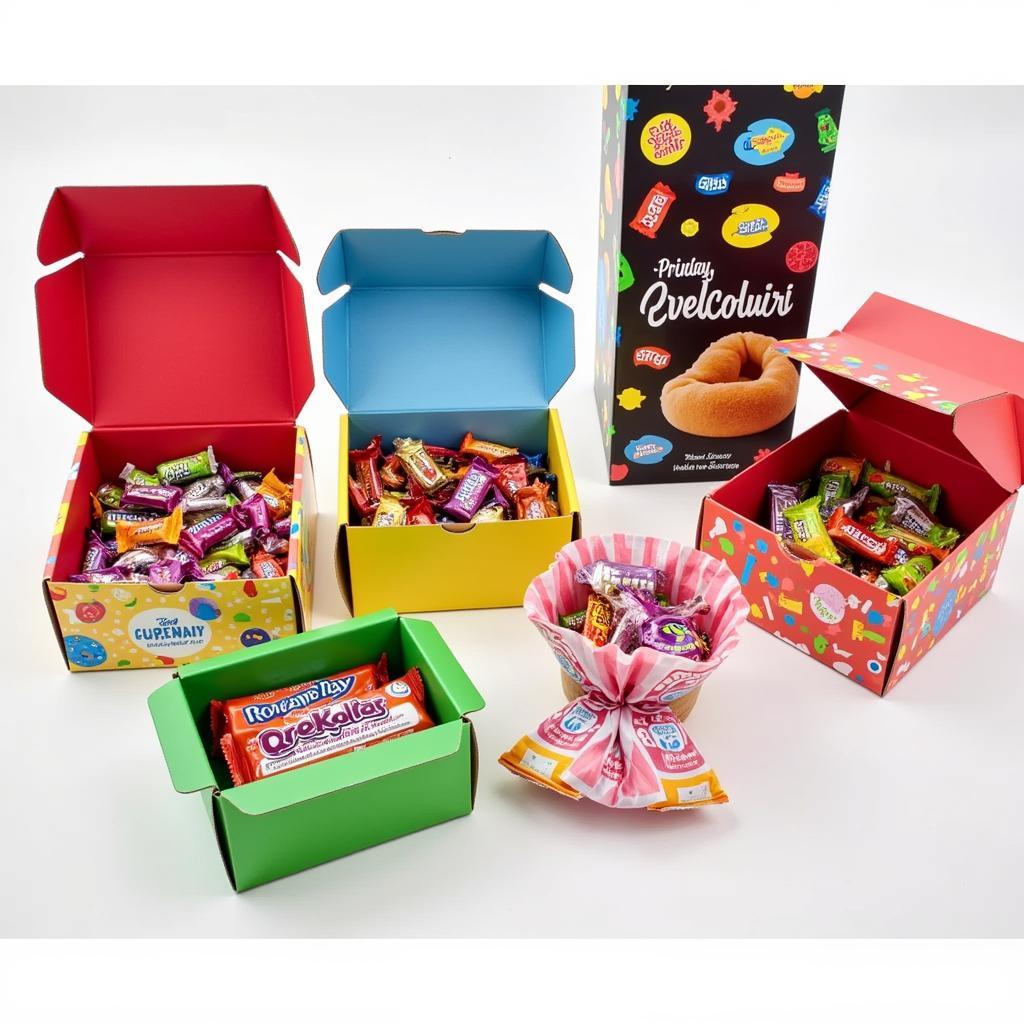 A variety of free candy sample boxes showcasing different candies and brands.