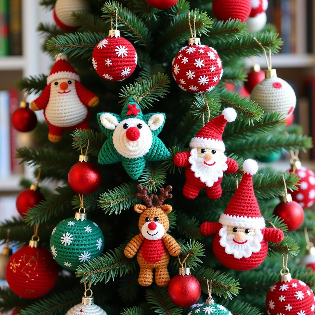 Free Crochet Christmas Ornament Patterns: A variety of colorful and intricately designed Christmas ornaments hanging on a Christmas tree, showcasing different crochet techniques and patterns.