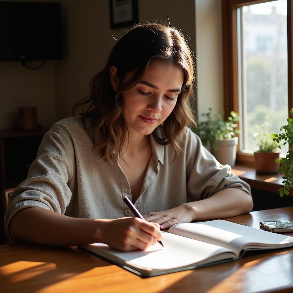 Woman sitting at a desk with a notebook and pen, ready to start free flow writing.