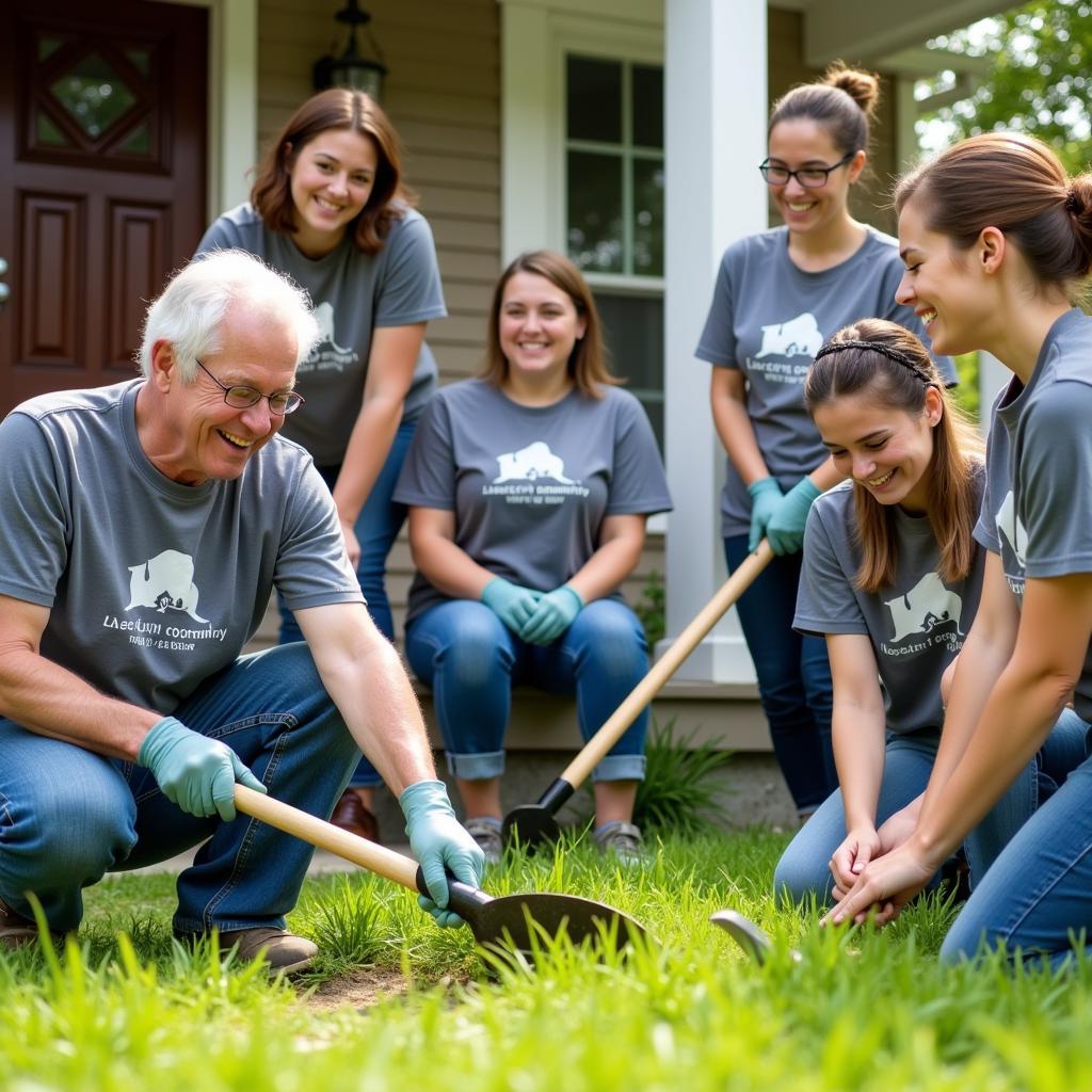 Volunteers Helping Senior with Lawn Care