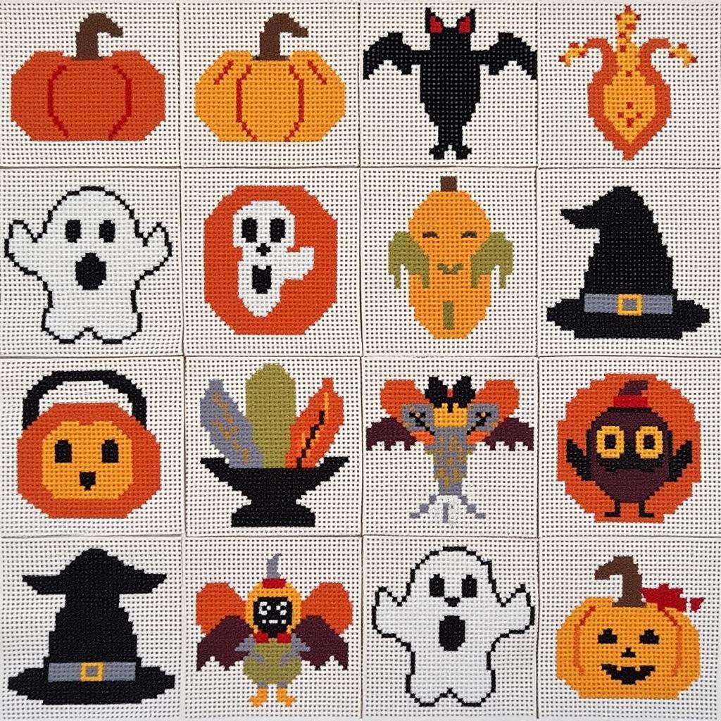 Exploring Halloween plastic canvas patterns for Thanksgiving project inspiration, focusing on color palettes and adapting spooky designs for a festive fall theme.