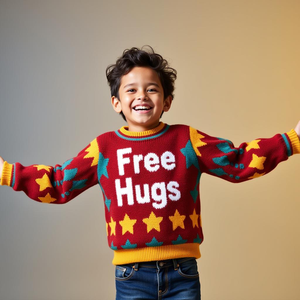 A person wearing a free hugs sweater smiling