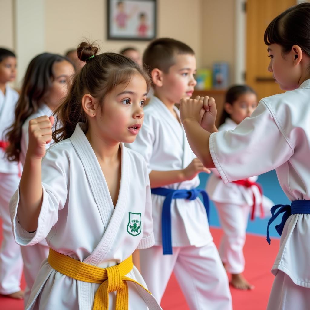 Children practicing karate at a community center