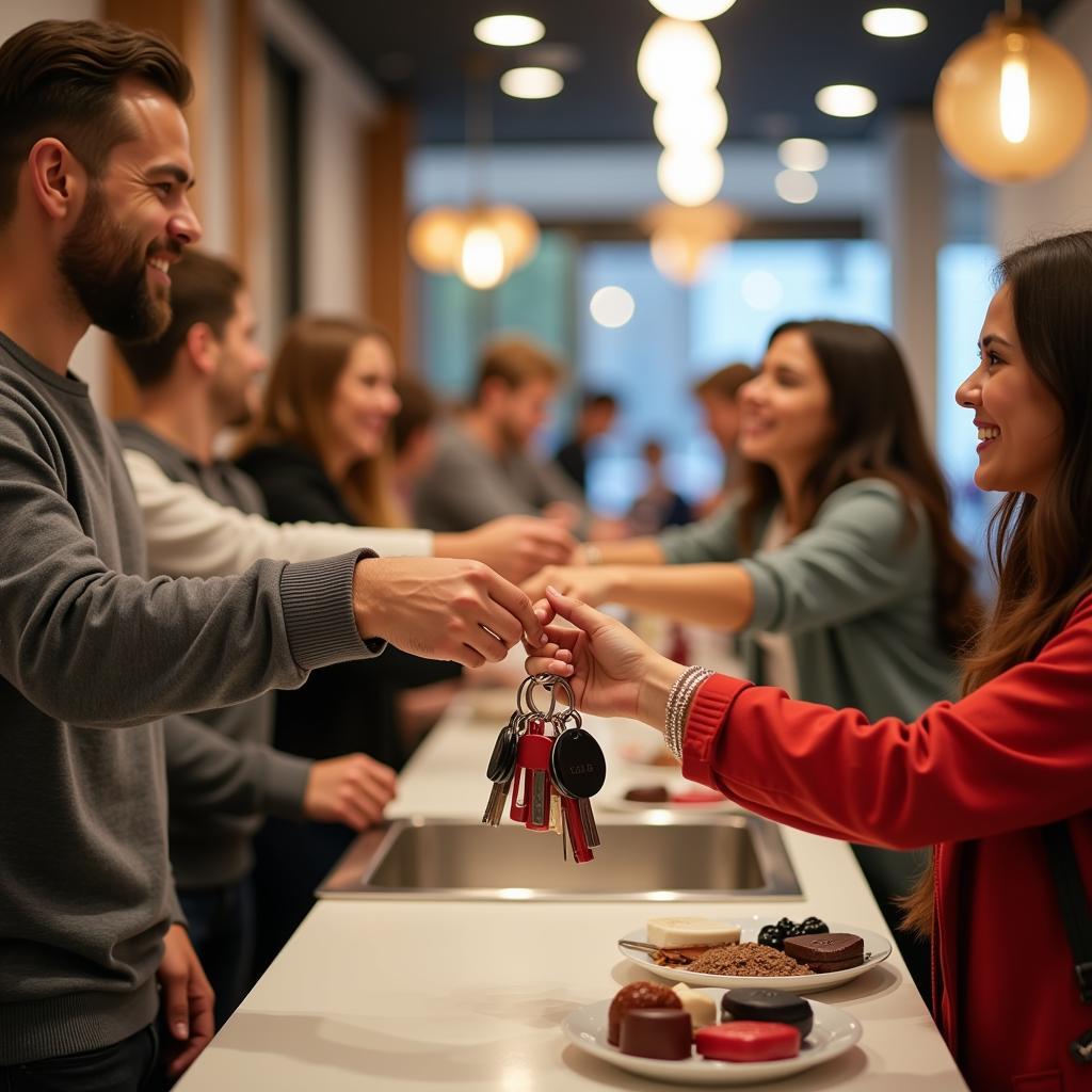 Customers receiving free keychains for joining a loyalty program.