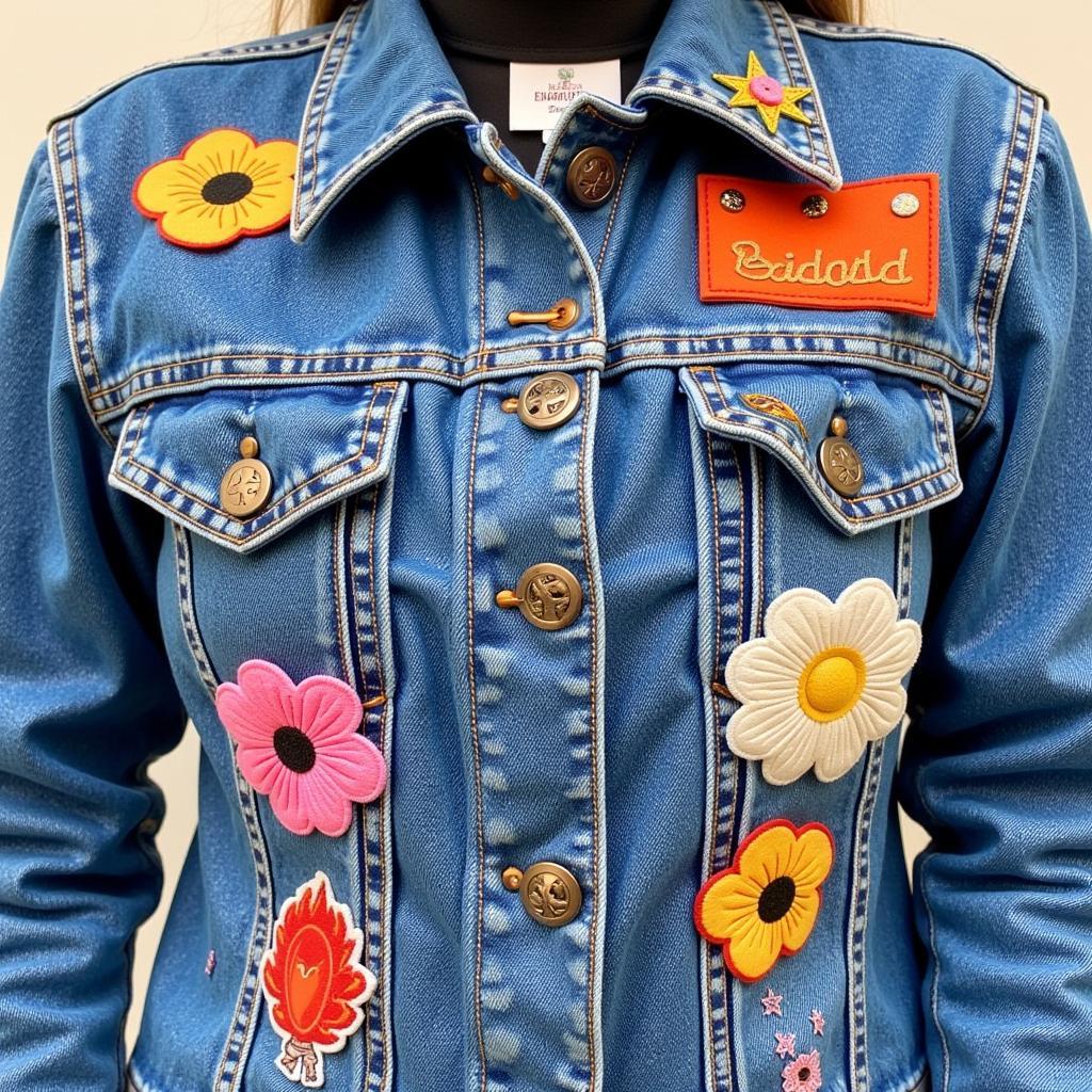 Upcycled denim jacket with embroidered patches and embellishments