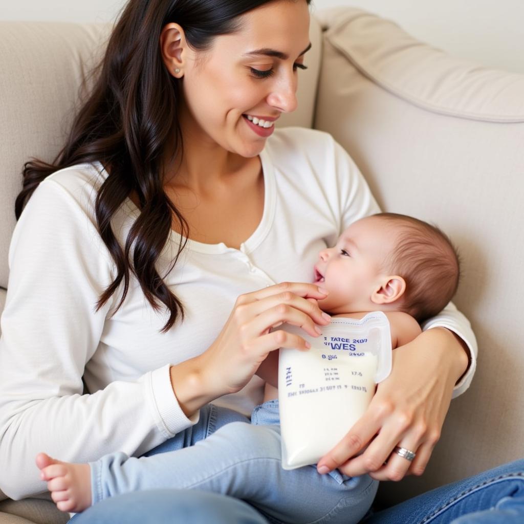 Mother using free milk bags received through insurance while breastfeeding her baby