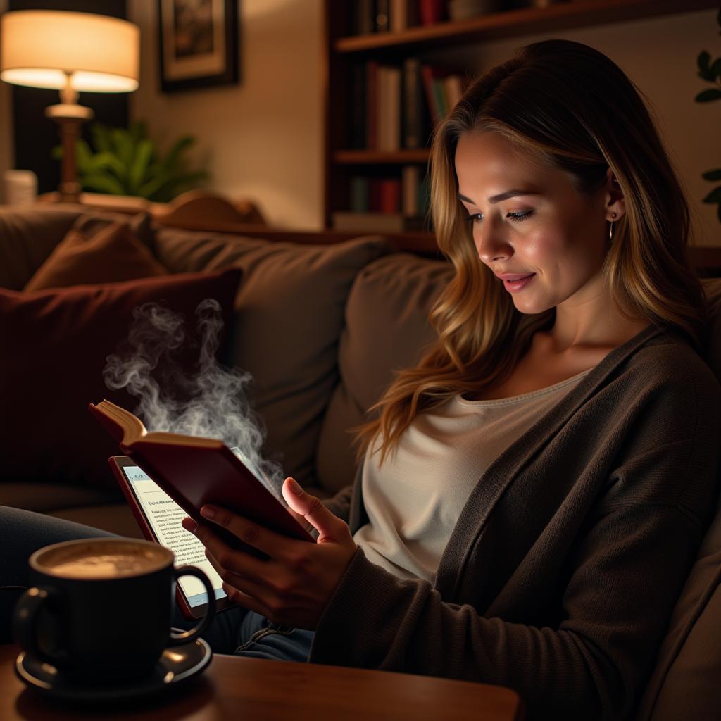 Woman reading a romance novel on her tablet