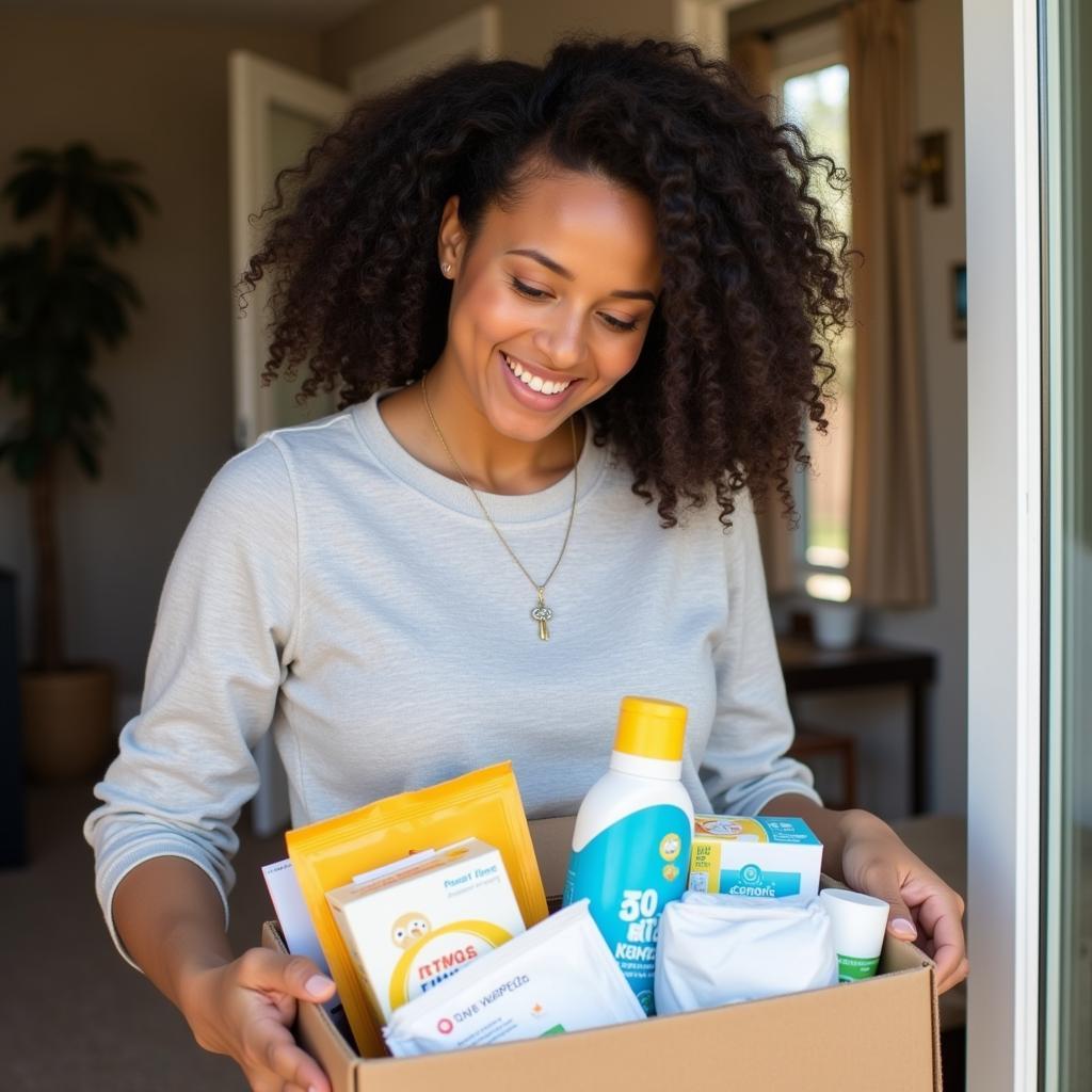 Free Pregnancy Box with Free Shipping: A mother happily unboxes a free pregnancy box filled with baby essentials like diapers, wipes, and lotions.