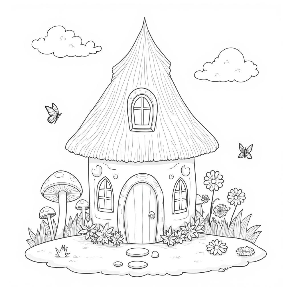 Free Printable Fairy House Coloring Page with Accessories