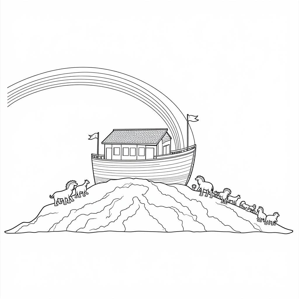 Free Printable Noah's Ark Coloring Page with Rainbow