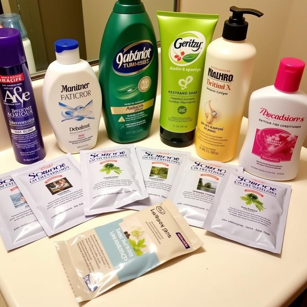 Free shampoo and conditioner sample packs displayed on a bathroom counter.