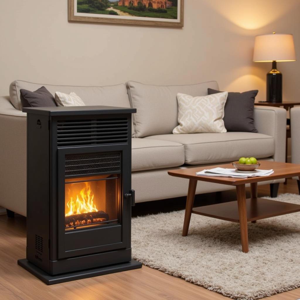 Free-standing gas heater in a living room setting