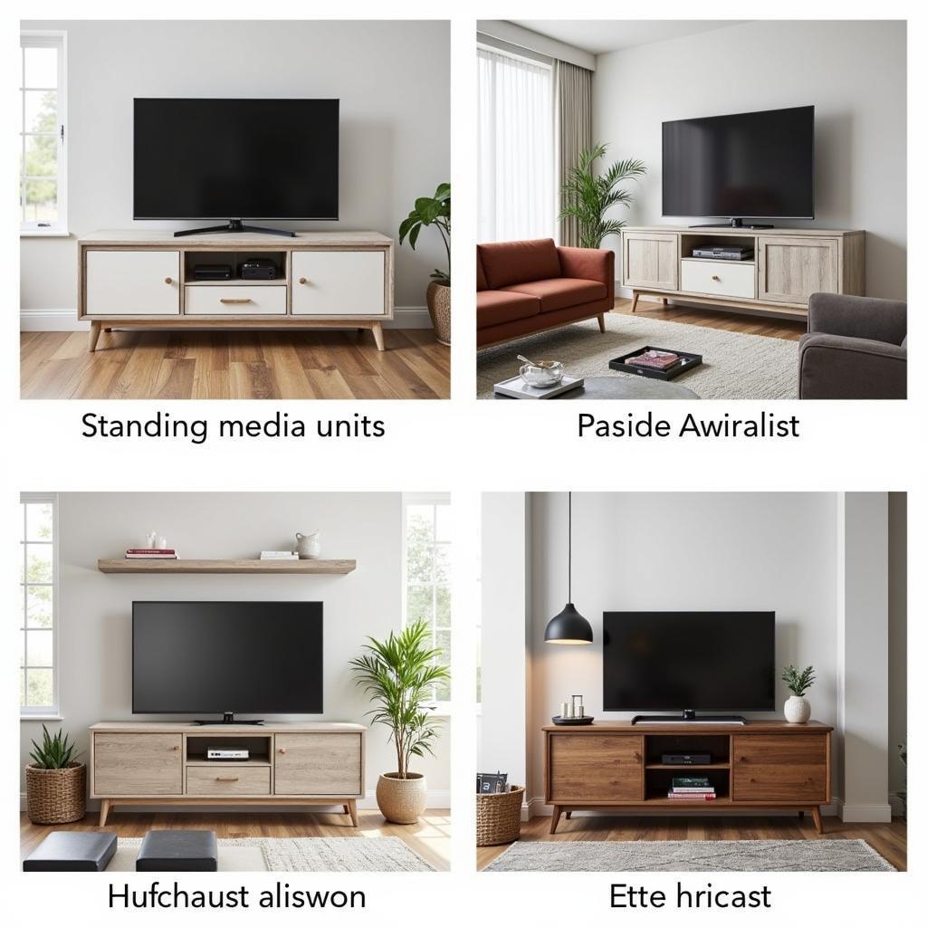 Different styles of free standing media units in various room settings