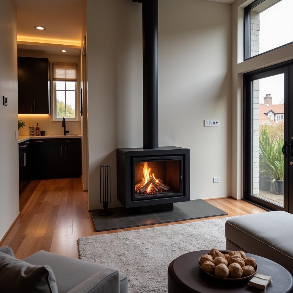 Free-standing ventless fireplace adding warmth and style to a modern living room